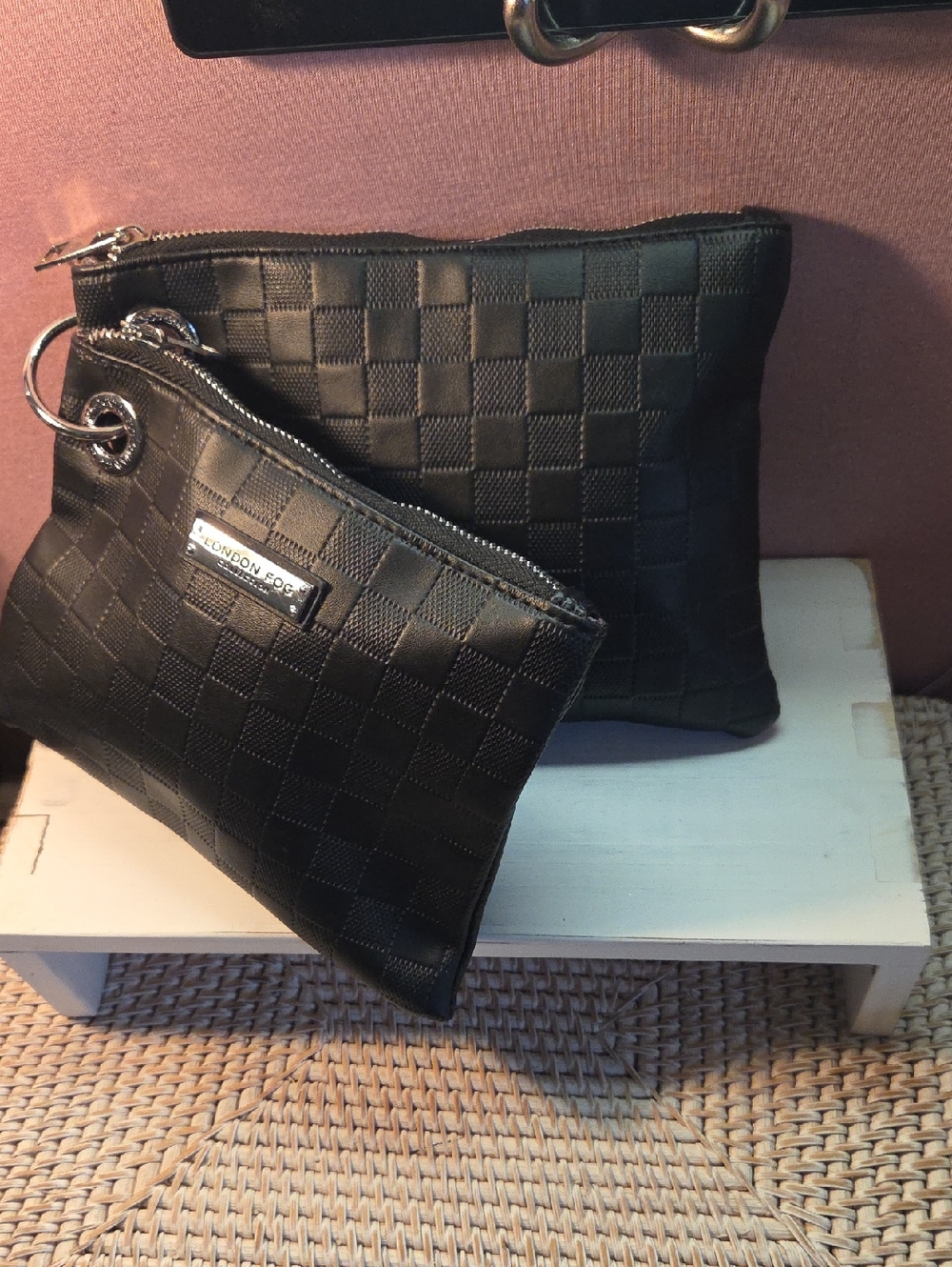 London Fog Black Embossed Check Double Pouch Set